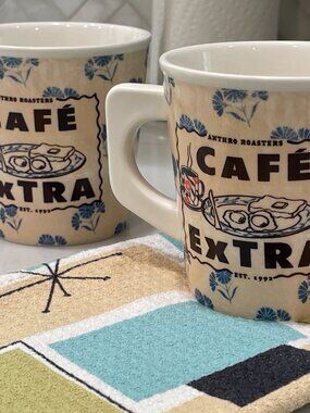 2 Anthropologie Bistro Blue 'Café Coffee Mugs--Retro Coffee Break Memories!